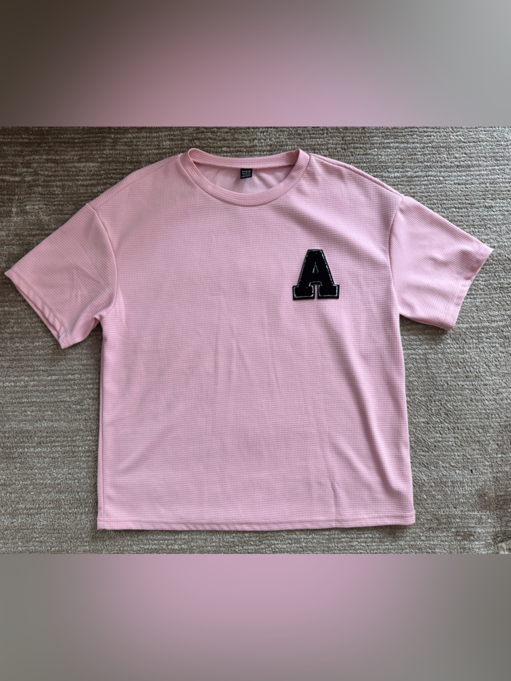 SHEIN Pink Short Sleeve Tee with Black 'A' Patch Size Large